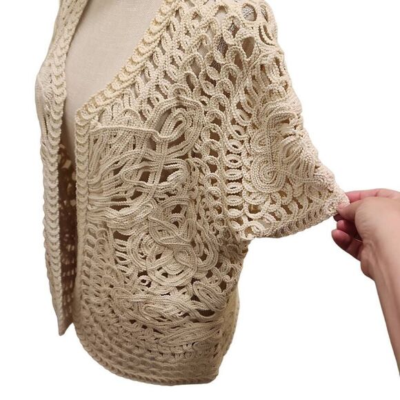 Crochet Knit Heavy Short Sleeve Cardigan Women's One Size Cream Art To Wear 100% - Picture 4 of 10
